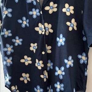 Marimekko Navy Shirt with Blue and Cream Floral Print